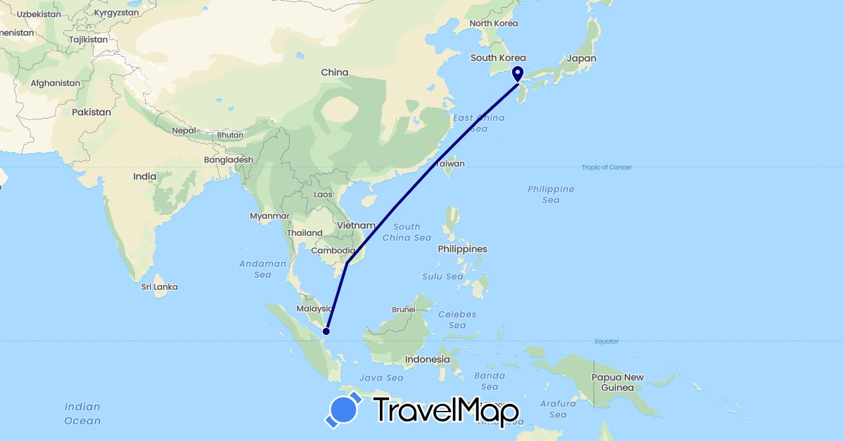 TravelMap itinerary: driving, plane in Japan, Singapore, Vietnam (Asia)